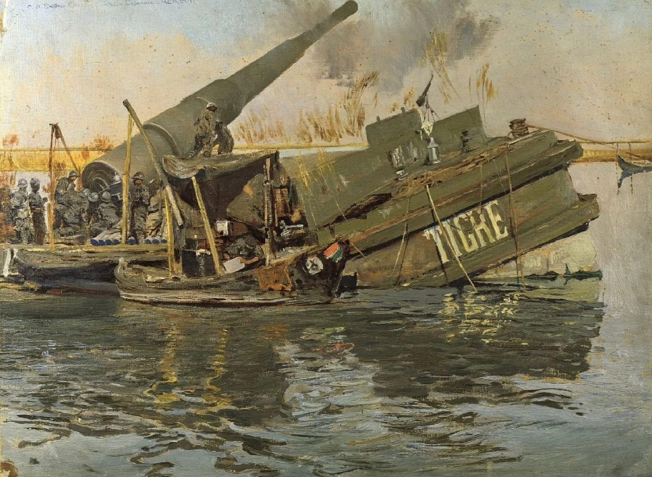 Tigre. soldati sul pontone - Fondo G.A. Sartorio. Palazzo della Farnesina, Roma